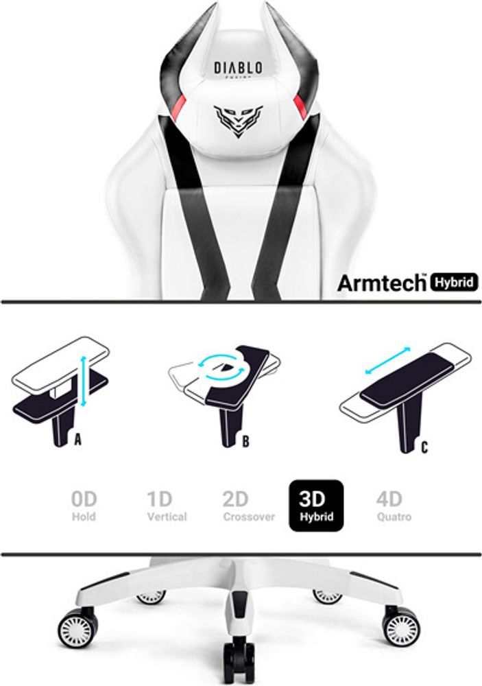 Diablo X-Horn Gaming Stuhl Bürostuhl Schreibtischstuhl 3D Armlehnen Ergonomisches Design Nacken/- Lendenkissen Kunstleder Wippfunktion, Farbe: Weiß, Größe Normal
