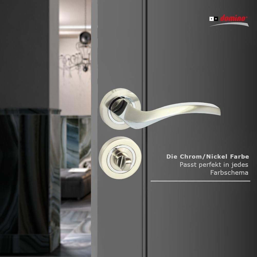 DOMINO Türgriff Drückergarnitur WC - Badezimmer Set | Rund-Rosette | Türbeschlag für Badezimmertüren | Set WC - Rosetten-Garnitur | Türklinke aus Aluminium | Chrom/Nickel Türdrückergarnitur | ENIGMA-R M6/M9
