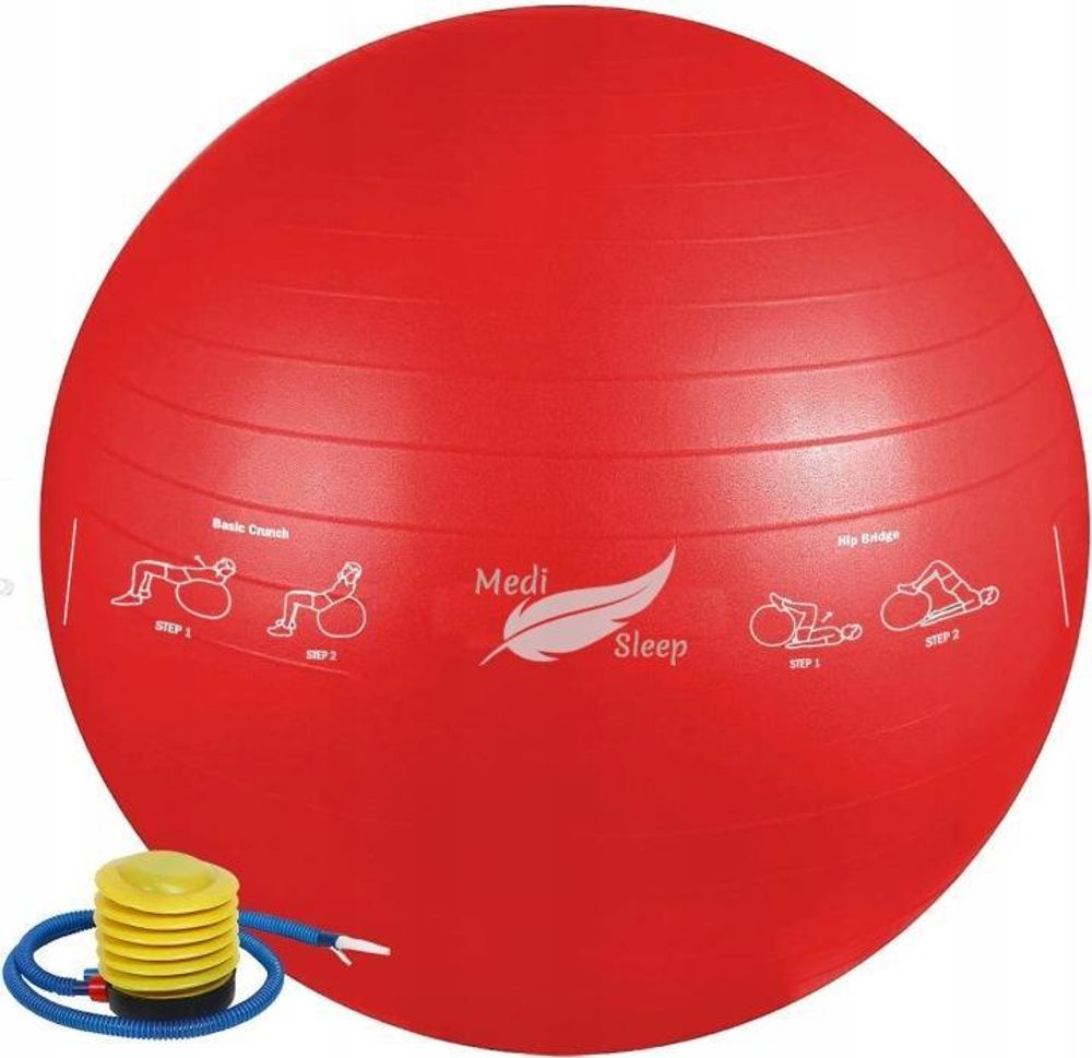 Gymnastikball 65 cm mit Luftpumpe - Sitzball, Trainingsball, Yogaball, Pilatesball - Fitnessball für Core Training mit gezeichneten Übungen - Rot