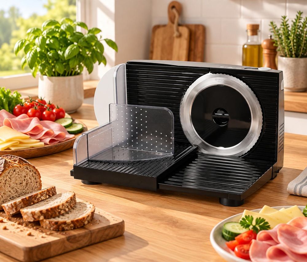 Schwarzer elektrischer Allesschneider auf einer Küchenarbeitsplatte mit Brot und Aufschnitt.