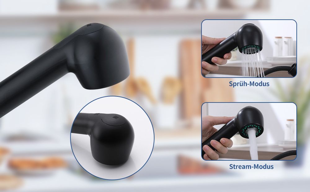 Homelody Schwarz Wasserhahn Küche,  Küchenarmaturen mit 2 Strahlarten Armatur mit Ausziehbarer Brause,  Mischbatterie Küche für Dual-Spülbecken