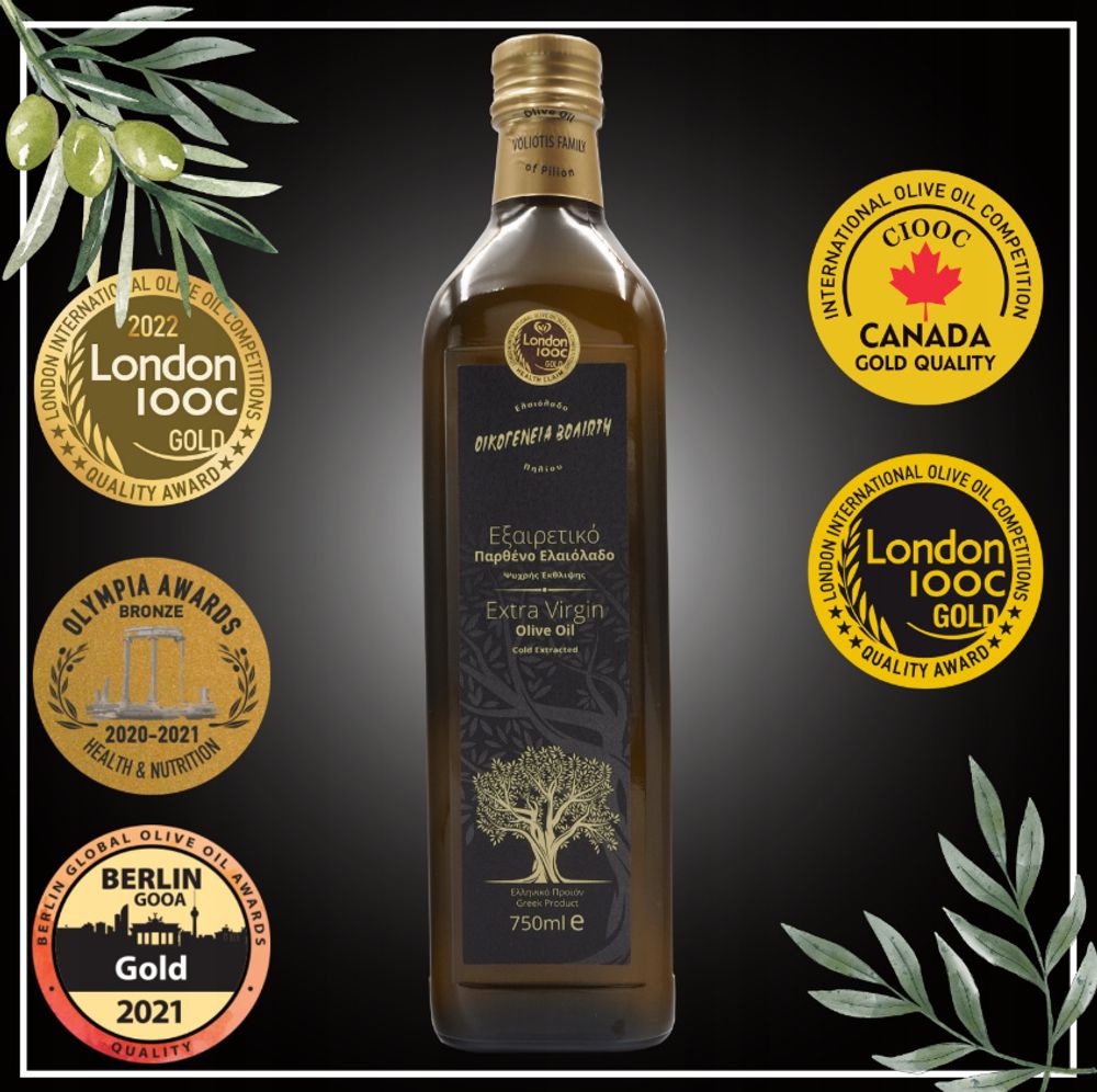 Olivenöl 750 ML - Unfiltriert - Fruchtiger Geschmack - Kaltgepresst - EV BLACK - Natives Olivenöl Extra - Pelion Amfissa Oliven - Glasflasche