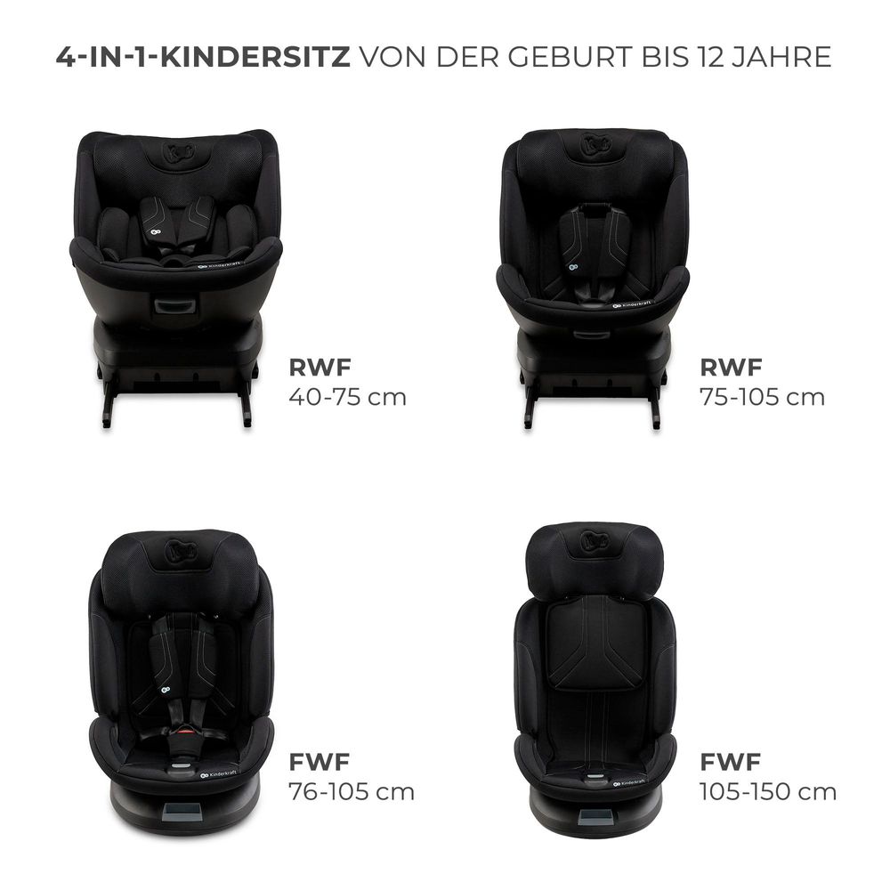 Kinderkraft XPEDITION 3 i-Size - Autositz 40-150 cm - 360° drehbar - RWF bis 22 kg - SPS+ und H-GUARD+ Systeme - Ergonomisch - Atmungsaktiv - Schwartz