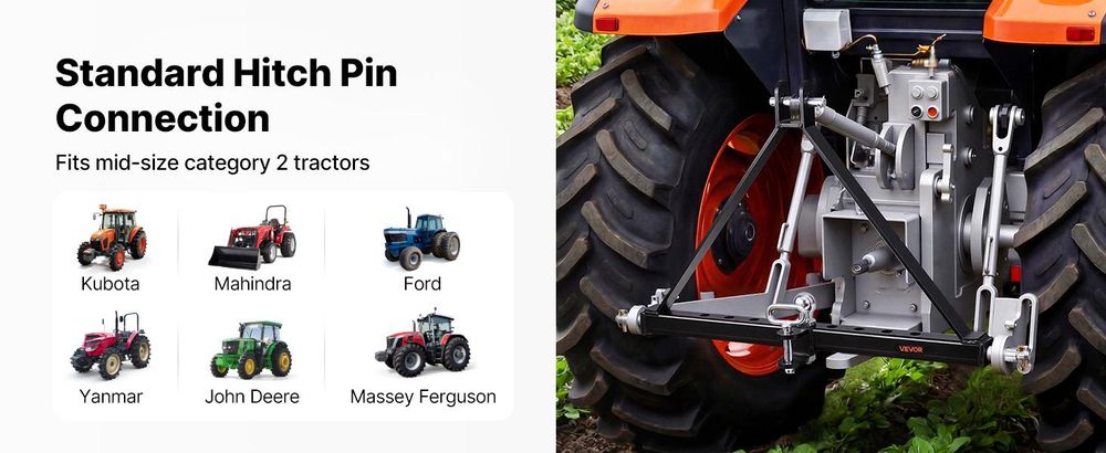 VEVOR 3-Punkt-Anhängerkupplung mit 2-Zoll-Anschluss, 3-Punkt-Schnellkupplung, 3.000 lbs Tragfähigkeit, Schwerlast-Traktor-Zugdeichsel-Adapter, kompatibel mit Kubota, Mahindra, John Deere, Massey Ferguson, 32 Zoll-Einzelring-Zug-Standard