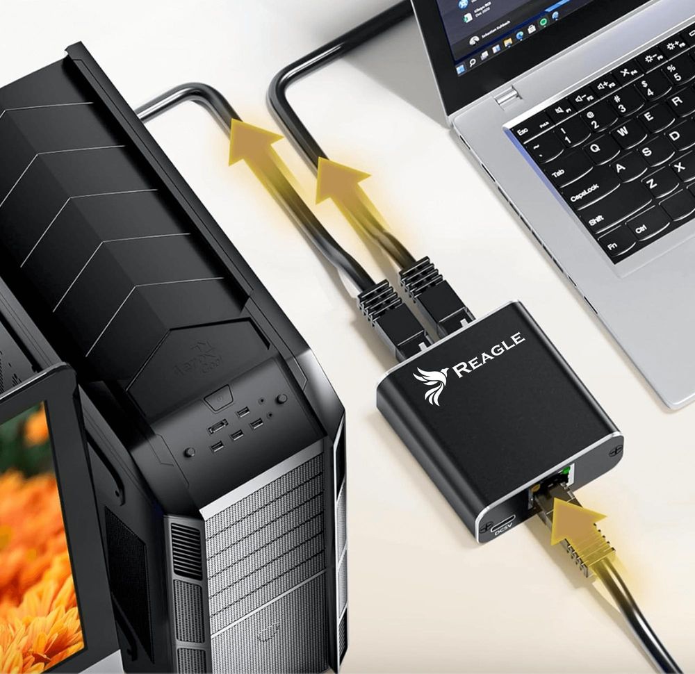 RJ45 LAN Splitter 1000Mbps Netzwerk Verteiler 1 auf 2 Switch Ethernet Adapter für Internet PC Smart TV Konsole Aluminium Gehäuse 5V Stromanschluss