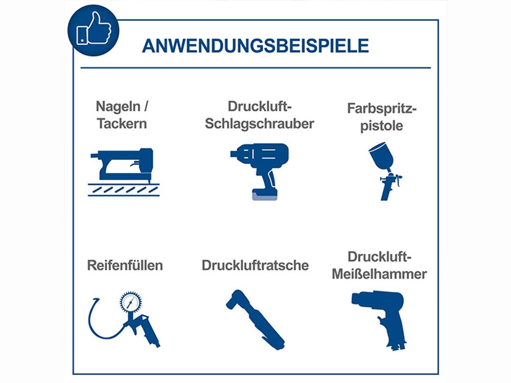 Das Bild zeigt verschiedene Anwendungsbeispiele, wie der Kompressor genutzt werden kann.