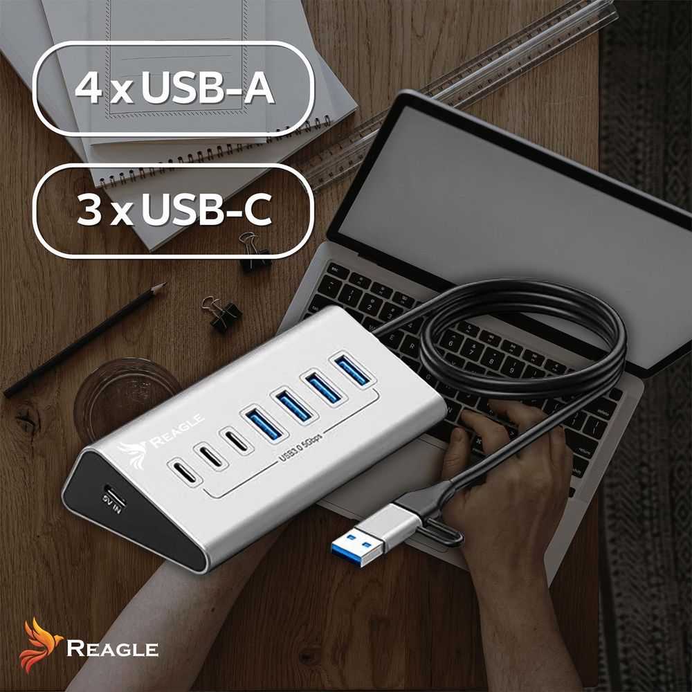 Aktiver USB 3.2 Hub 7in1 mit 2in1 USB C und USB A Kabel Splitter 5Gbps Datenübertragung für Desktop Laptop Dockingstation Reagle Aluminium