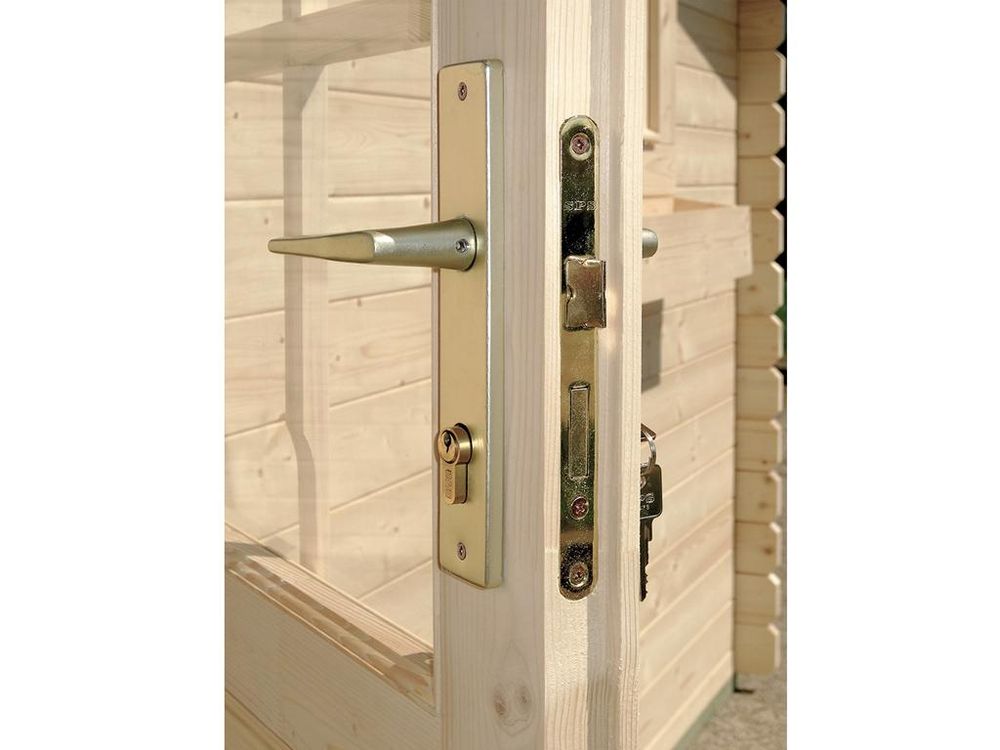 WOODTEX Naturbelassen Gartenhaus Blockbohlenhaus CA2988 28 mm, Gartenhaus mit Anbau 4 m, Blockbohlenhaus aus Fichte, Doppelflügeltür mit Echtglas, Fenster, Sturmleisten, Chalet Verbindung