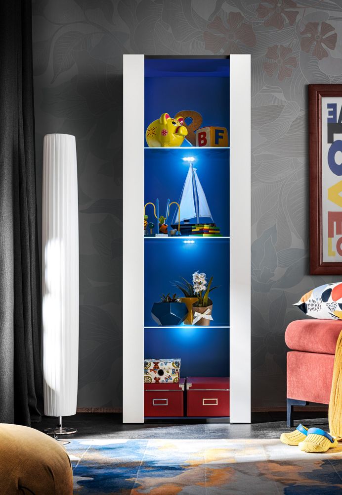 Komodee | Wohnwand Wohnzimmerset Tivoli Grande, Korpus Schwarz Matt Frontfarbe Weiß Matt, LED Blau