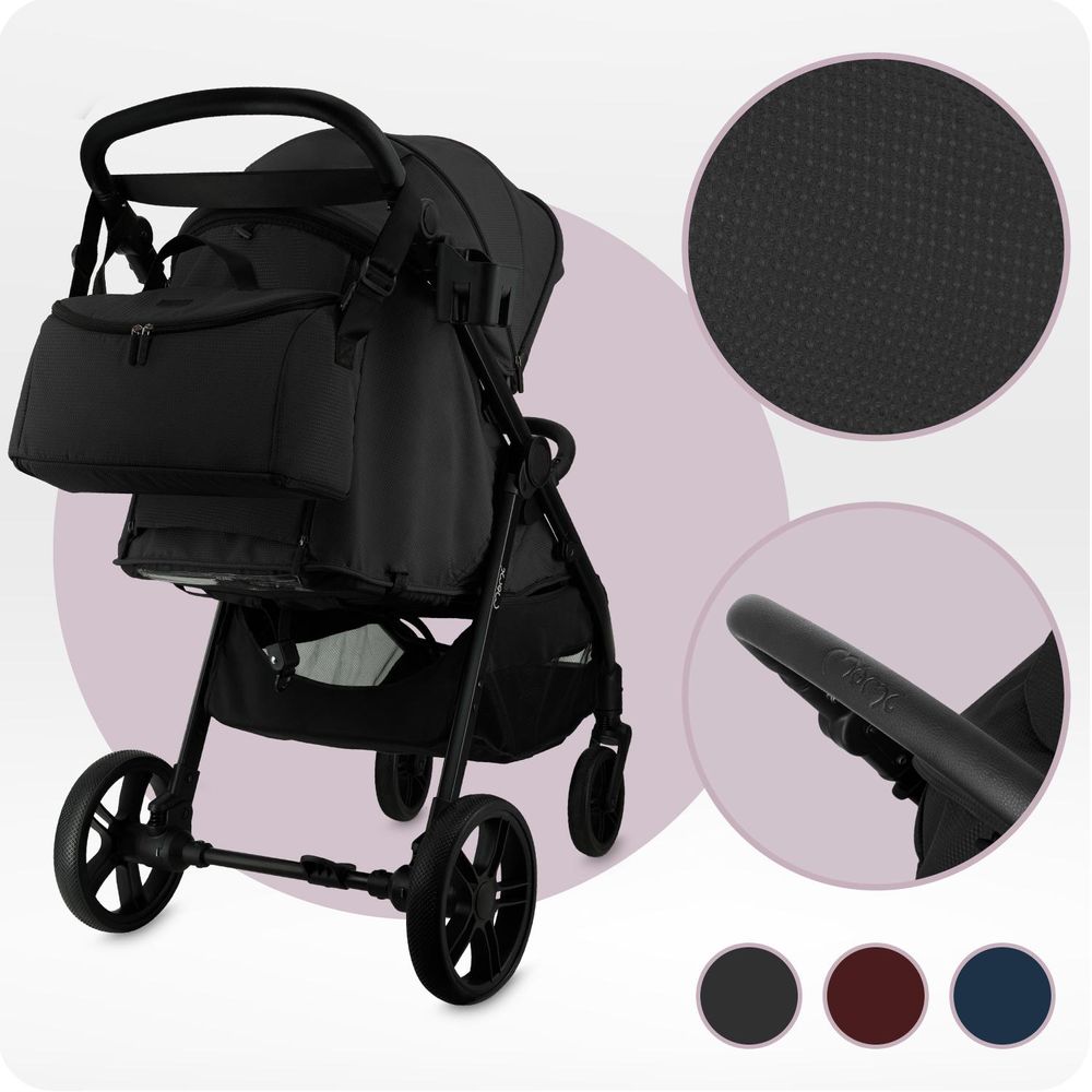 MoMi CLARA – Buggy ab Geburt, bis 22 kg, mit 4-Rad-Federung, Drehbügel & verstellbarem Schiebegriff, inkl. Tasche & Regenschutz – Schwarz