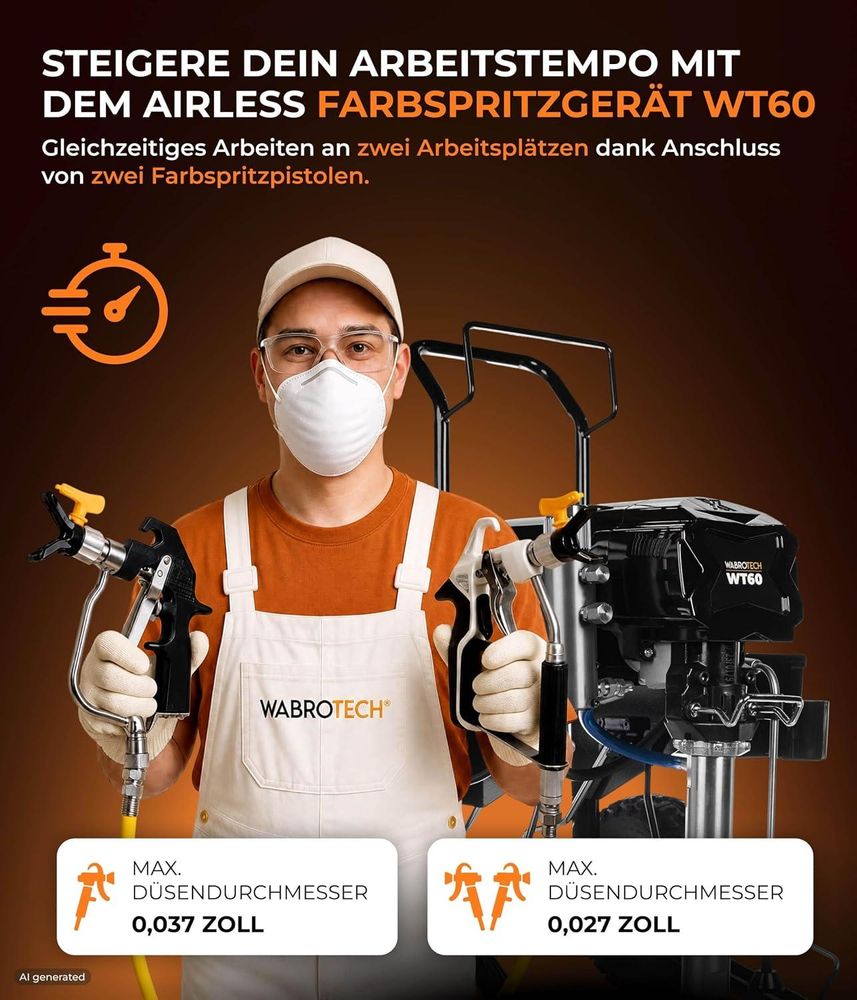 WABROTECH WT60 Airless Farbspritzgerät für gleichzeitiges Arbeiten mit zwei Spritzpistole