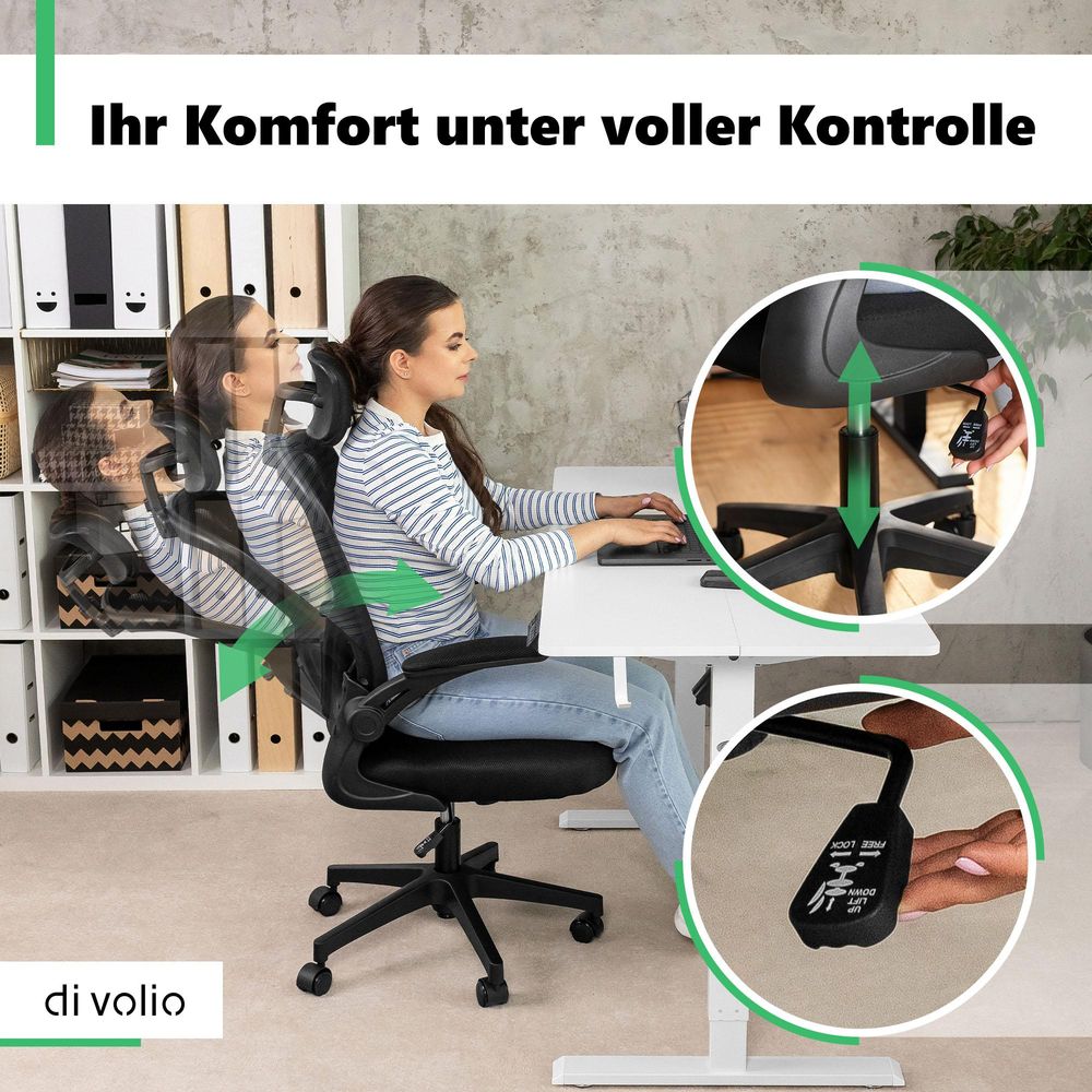 di volio Bürostuhl Praso, ergonomischer Schreibtischstuhl mit mehreren Einstelloptionen - Höhe, verstellbare Kopf- und Lordosenstütze, max. 150 kg