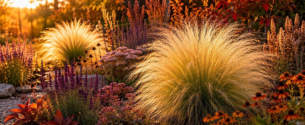 Herbstliche e, goldene Federgras-Horste in tiefem Seitenlicht