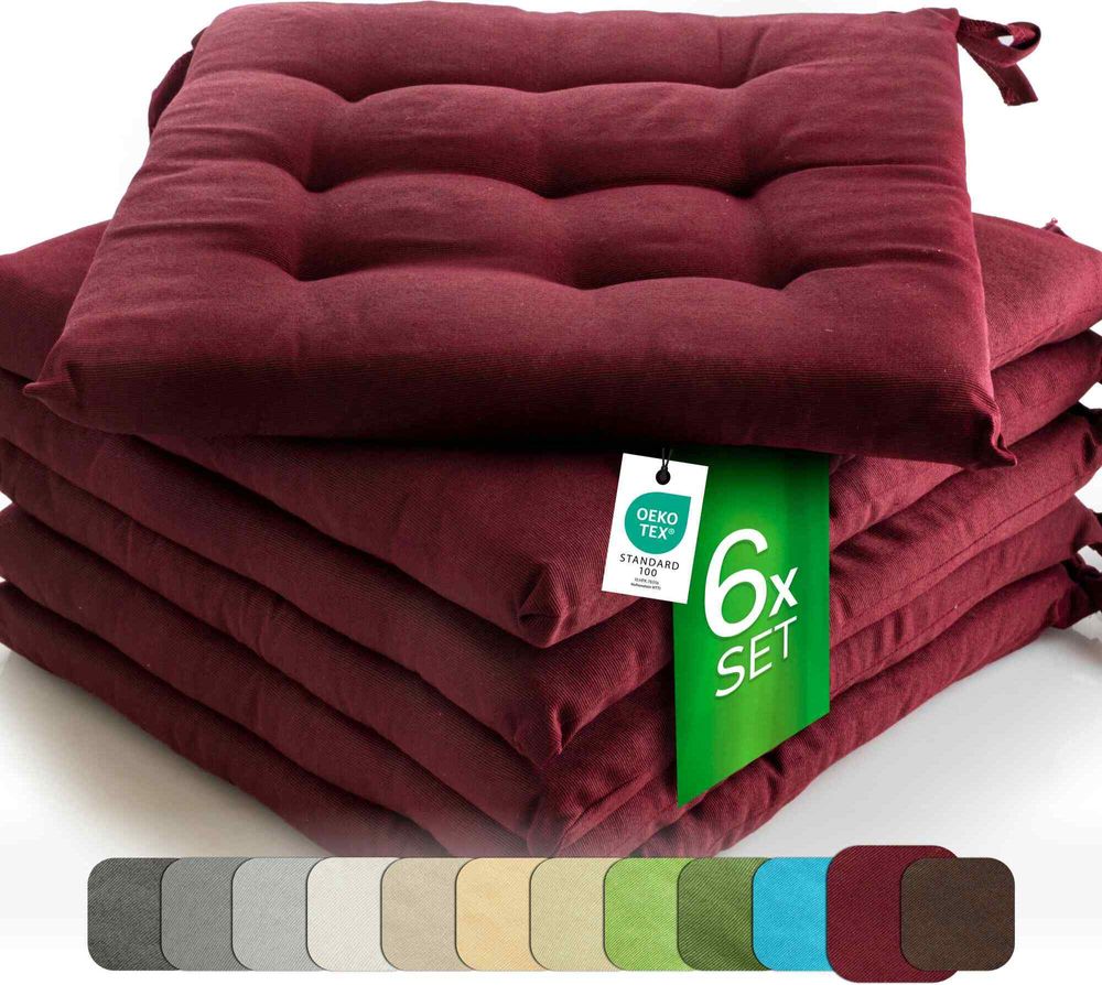 Sitzkissen Stuhlkissen Indoor & Outdoor 6er Set 40x40 cm - Bordeaux - etérea Stuhl Kissen Auflage mit Bändern