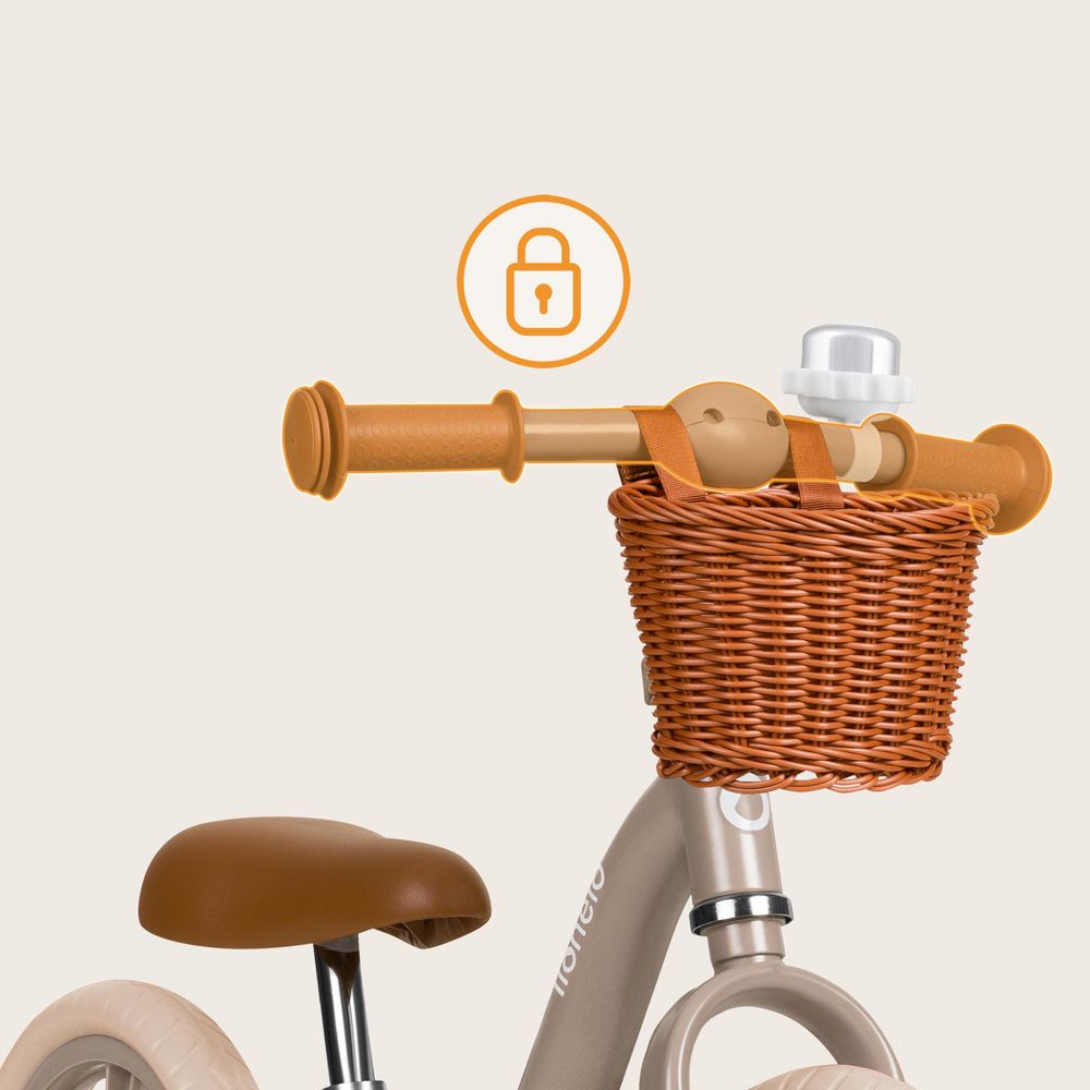 Lionelo Alex Plus Laufrad Kinder Fahrrad bis 30 kg Sattel und Lenker einstellbar 12 Zoll Eva Schaumräder Korb und Glocke Beige