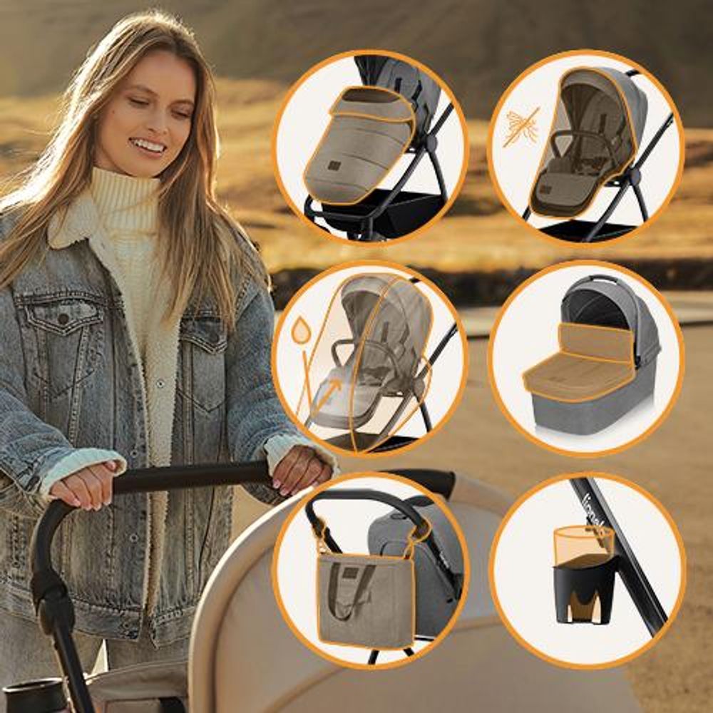 Lionelo Kombikinderwagen Meril 2in1 Babywanne bis zu 9 kg, 0-48 Monate bis zu 22 kg, Geländeräder 360°, Vollfederung, XXL-Verdeck - Grau