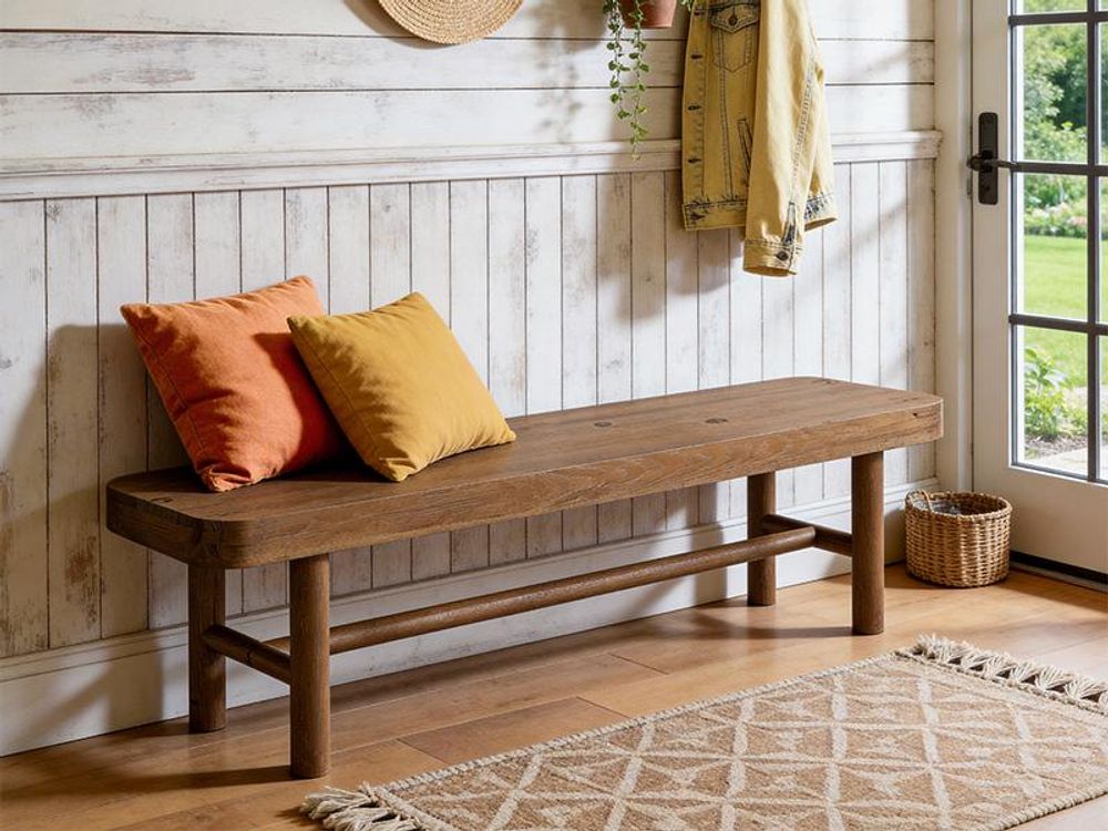 140 cm Massivholz-Eingangsbank, Rustikale Polsterbank, Essbank mit Kissen für Eingangsbereich, Esszimmer, Garderobe, Veranda, weiß & braun