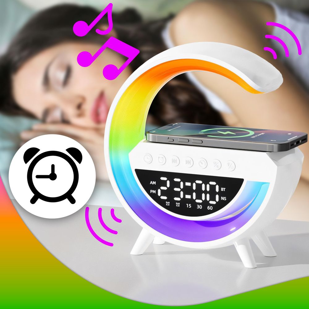Nachttischlampe mit Ladefunktion - LED Touch Dimmbar mit 7 RGB Farben, Kabelloses 15W Laden -Bluetooth Lautsprecher Wecker & Uhr  USB AUX TF Retoo