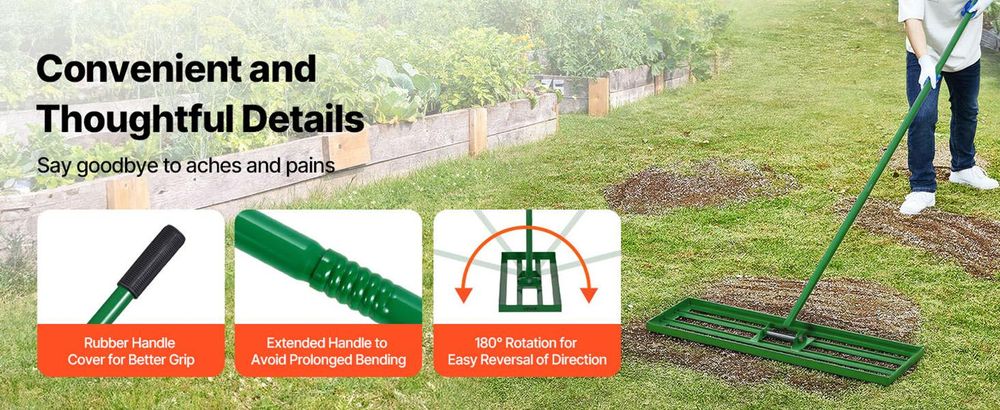 VEVOR Rasenebene-Rake, 30"x10" Rasenwerkzeug, Schwerlast-Rasenebner mit 78" Stahlverlängerungsgriff, Rasenebene-Rake geeignet für Garten, Golfplatz, Bauernhof, Legierung-10x36 Zoll