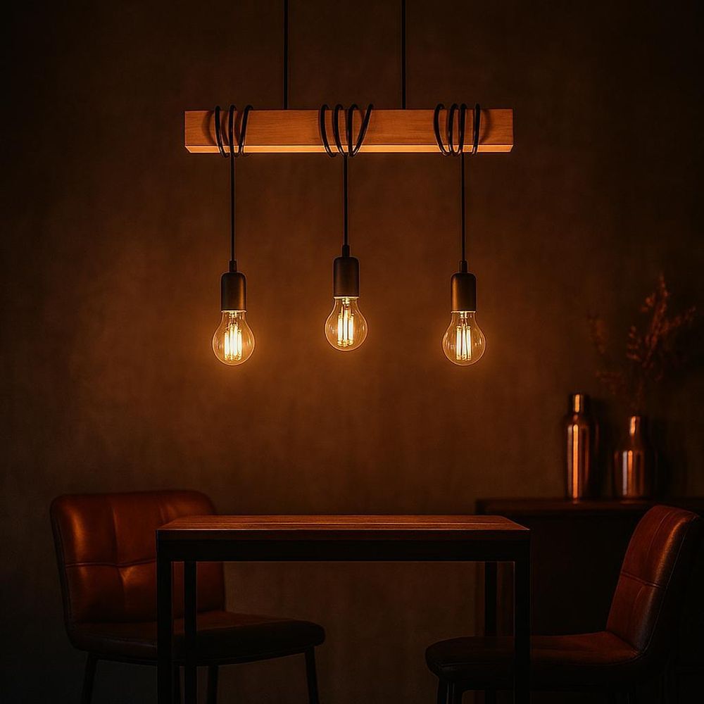 MasterLED Pendelleuchte 3-flammig – Schwarz-Holz – E27 – pendelleuchte loft, pendelleuchte esszimmer, hängelampe – Nido