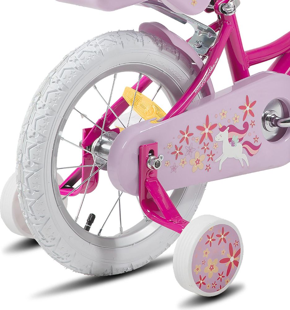 HILAND Joystar 14 Zoll Kinderfahrräder Mädchen mit Puppensitz, Stützräder, Korb, Schutzbleche, V-Brake-Bremsen, Rosa