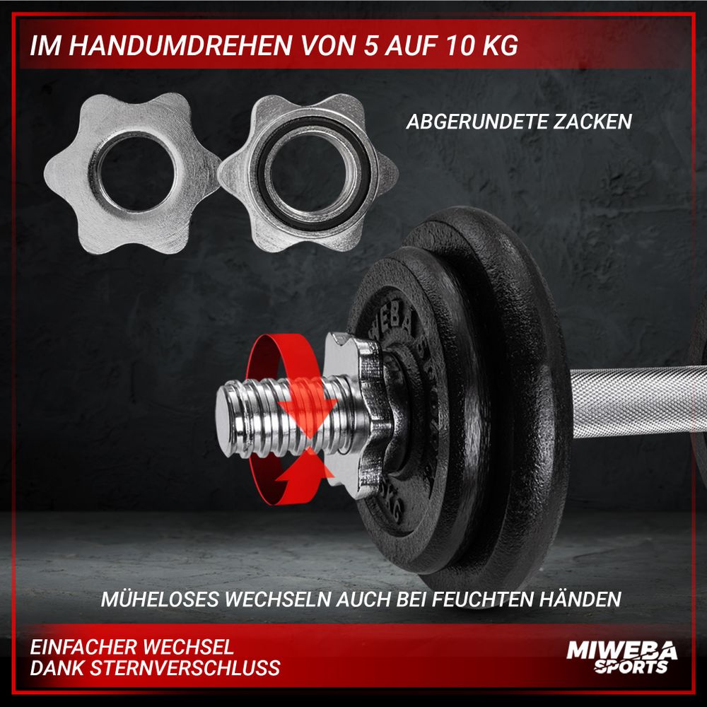 Miweba Sports Kurzhantel MKH110 | inkl. 15 kg Gusseisen Gewichte - Stahl Hantelstange - 4x Sternverschluss - 4x 1,25 kg - 4x 2,5 kg - Hantelpaar
