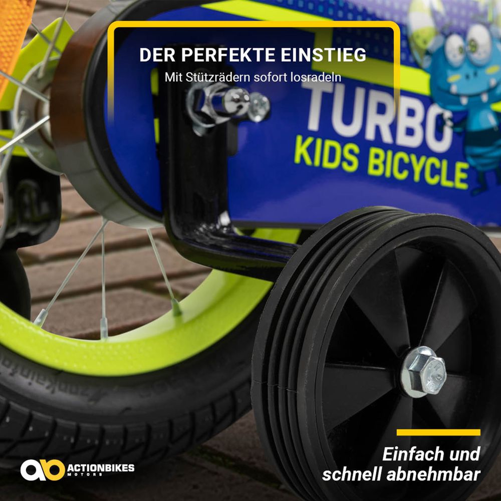 Actionbikes Kinderfahrrad Turbo 12 Zoll | Kinder Fahrrad - V-Brake Bremsen - Kettenschutz - Jungenfahrrad - Junge - Stützräder - 2-5 Jahre (Gelb/Blau)