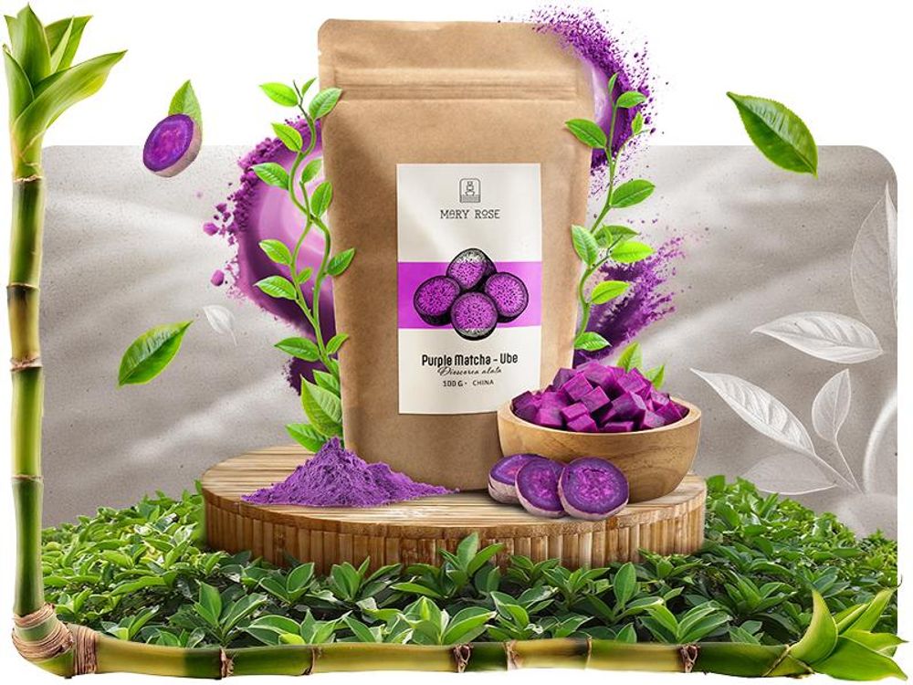 Mary Rose - Purple Matcha Tee Ube Pulver 100g - Lila Yamswurzel - Koffeinfrei - Für Latte, Gebäck - Lebensmittelfarbstoff - Vanille-Nuss-Geschmack