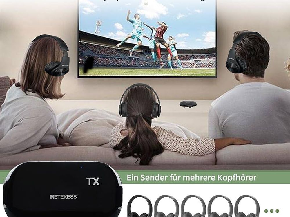 Retekess TA005 Kabellose Funk-Kopfhörer, Eingebauter Wiederaufladbarer Akku, Unterstützt Stereo-, AUX- und RCA-Eingang, Kopfhörer für Senioren, Eltern