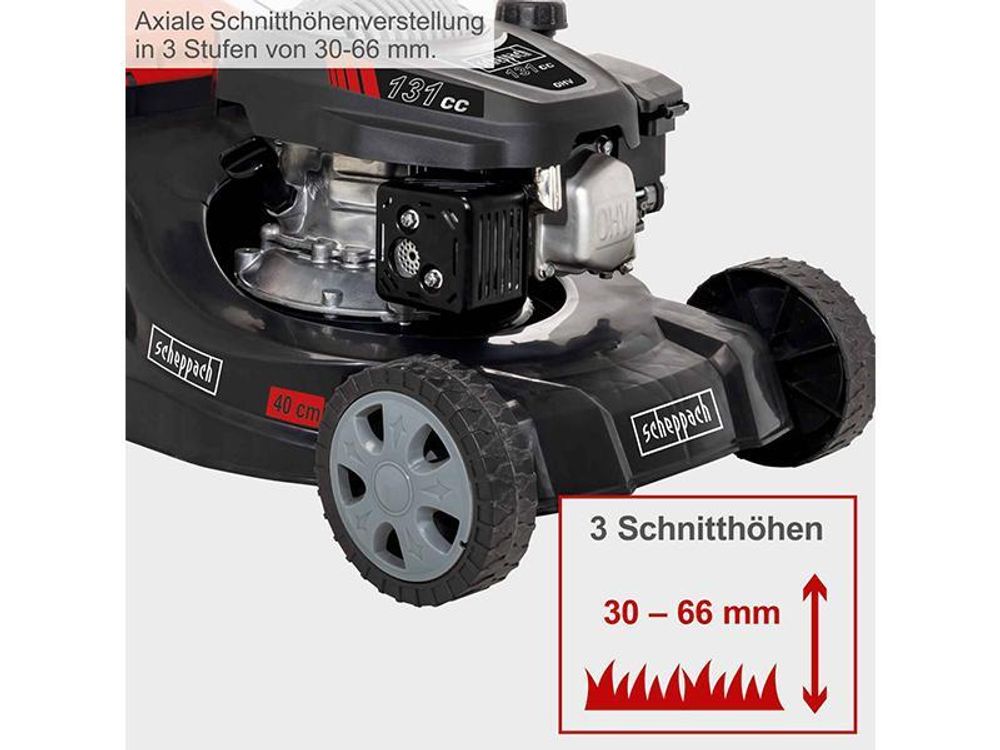 Scheppach Rasenmäher Benzin MP132-40 | 3,3PS Leistung | 40cm Schnittbreite | 3-fache Schnitthöhenverstellung | 35 Liter | inkl. Motoröl & Ersatzmesser