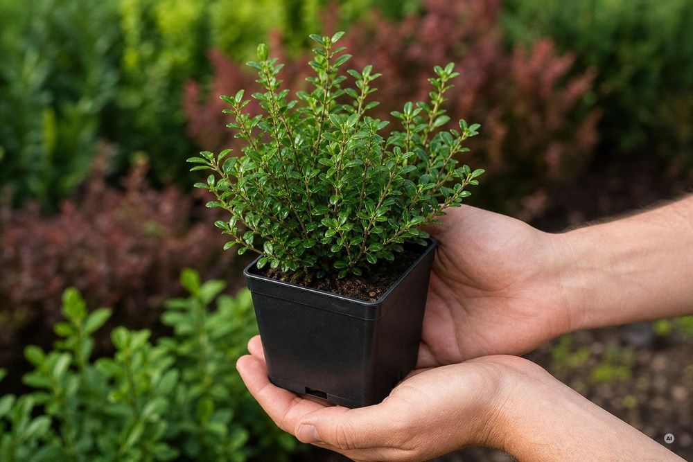 Hände halten den ECKIGEN schwarzen 9 × 9-cm-Topf mit buschiger Ilex-Jungpflanze - Topf komplett sich