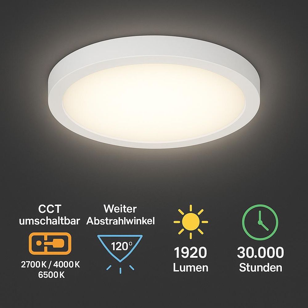 Rundes LED-Panel 24W, 1920 Lumen, 3 Lichtfarben, 120° Winkel, 30.000 Std. Lebensdauer.