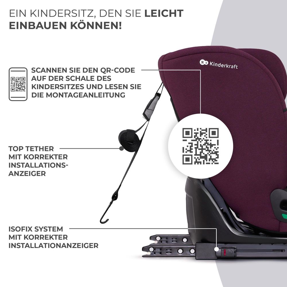 Kinderkraft ONETO3 i-Size Kindersitz 76-150 cm - ISOFIX & TOP TETHER - 3-lagige Kopfstütze - RECLINING-Funktion - ab 15 Monate bis 12 Jahre - Rot