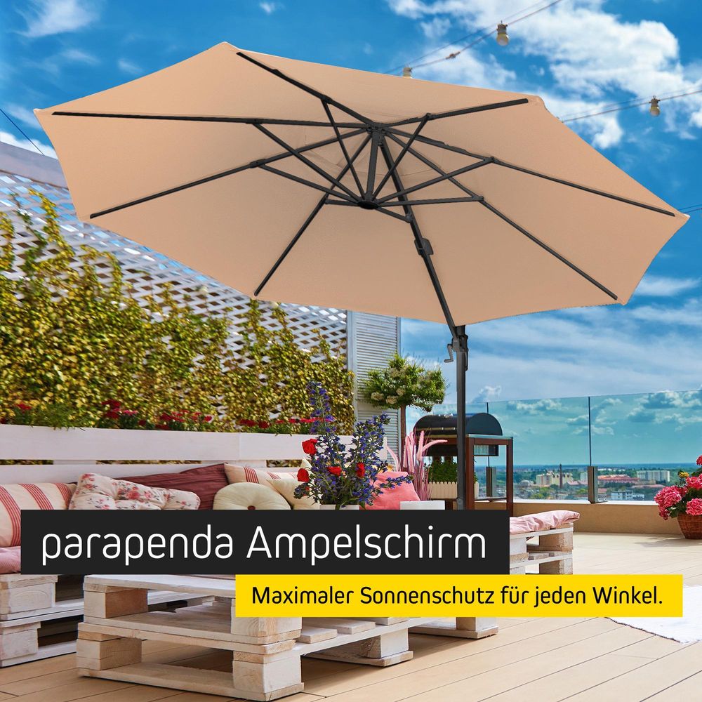 Ampelschirm 3,5 m rund Sonnenschirm Garten drehbar mit Kurbel Standkreuz UV-Schutz creme Gestell anthrazit paramondo parapenda