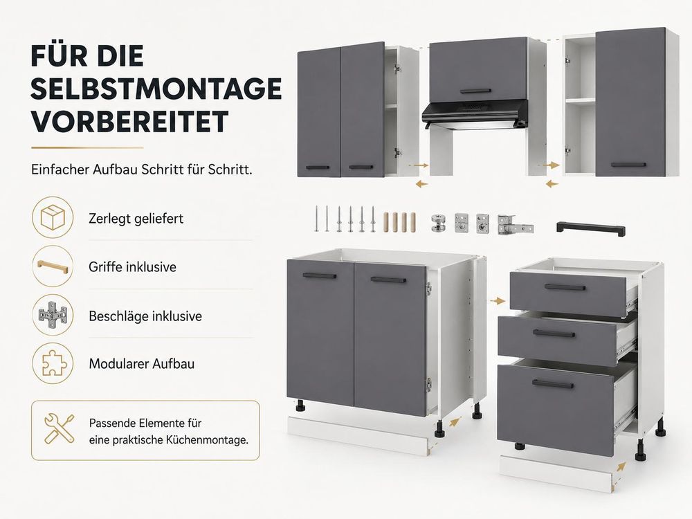 ULWEHOME Küchenzeile zur Selbstmontage mit Griffen und Beschlägen