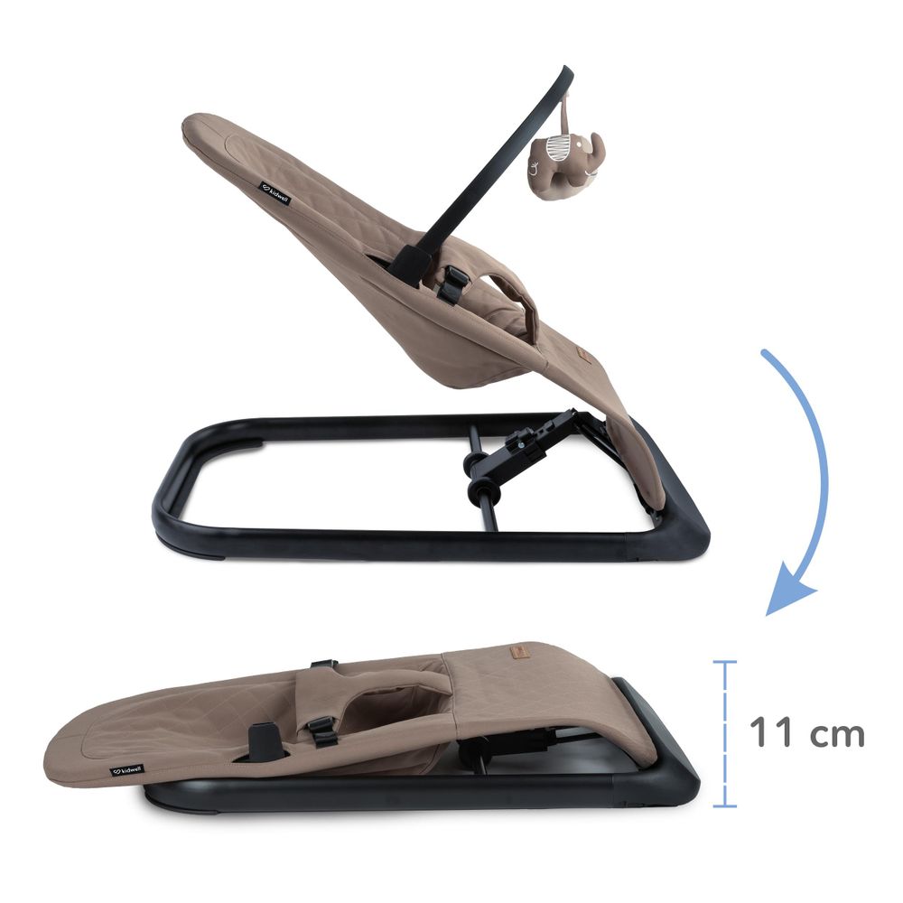 Kidwell LARO Babywippe – Ergonomische Babyschaukel mit 3-Punkt-Gurt, 3-fach verstellbarer Rückenlehne, Spielbogen & faltbar (Brown/Black)
