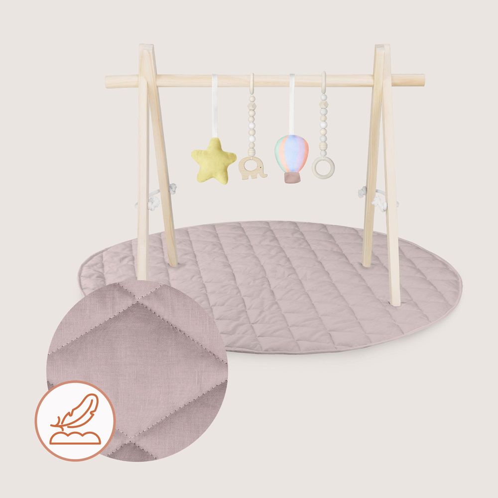 Lionelo Anis Set Baby-Gym aus Holz mit Matte – klappbar, Montessori Spielbogen ab Geburt (0+), 4 Spielzeuge