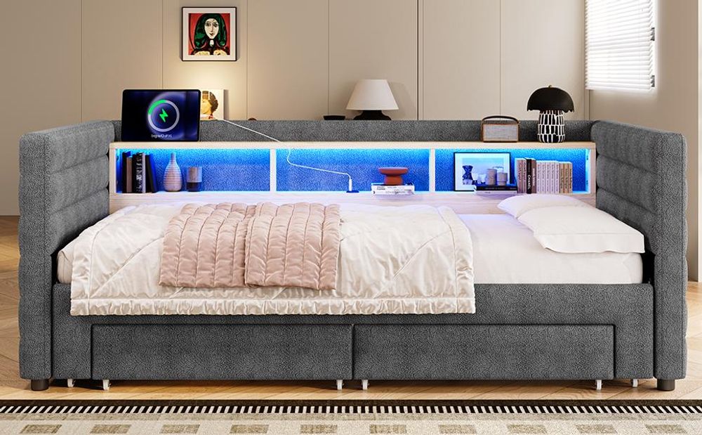 Merax Tagesbett Daybett 90x190cm, Schlafsofa mit Ausziehbett, 2 Schubladen, Ablagefach, LED Licht, USB, Typ-C, Polsterbett, Kinderbett, Samt, Grau