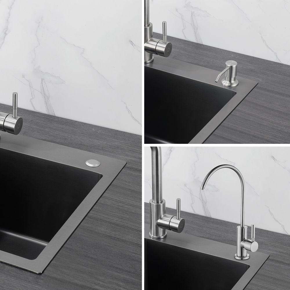 CECIPA MAX Granit-Küchenspüle Schwarz 50×45cm, eckige Einbauspüle aus Granitverbund, mit 2 Hahnlöchern & 1 Becken, modernes Design