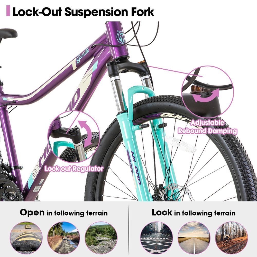 HILAND 26 Zoll Mountainbike Damen mit Lock-Out Federgabel 21 Gang Shimano Aluminiumrahmen Doppelscheibenbremse Studenten-Pendlerfahrrad, Lila