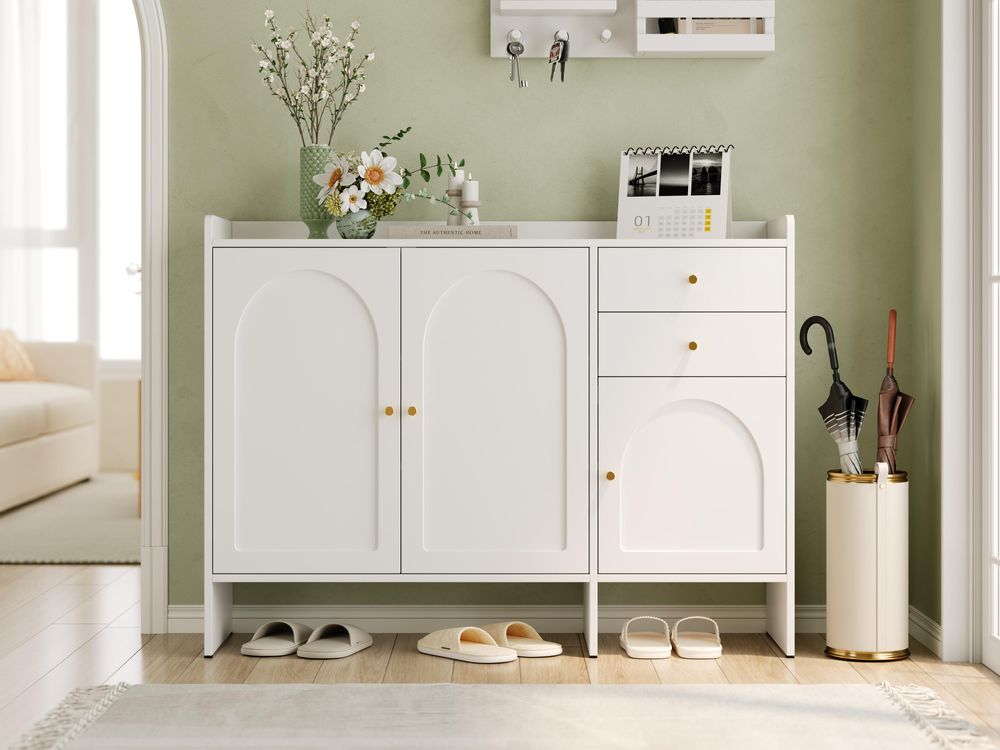 Merax Schuhschrank mit 3 Türen, 2 Schubladen, Kommode, Sideboard, Schuhkommode mit Metallgriffen, für Flur und Diele, Weiß