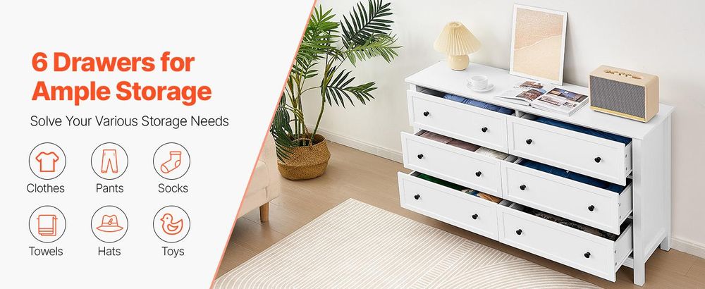VEVOR Kommode mit 6 Schubladen, Auszug und Kippschutz, schlichte Vintage-Kommode, TV-Schrank, Organizer-Regal für Wohnzimmer, Schlafzimmer und Eingangsbereich (weiß)