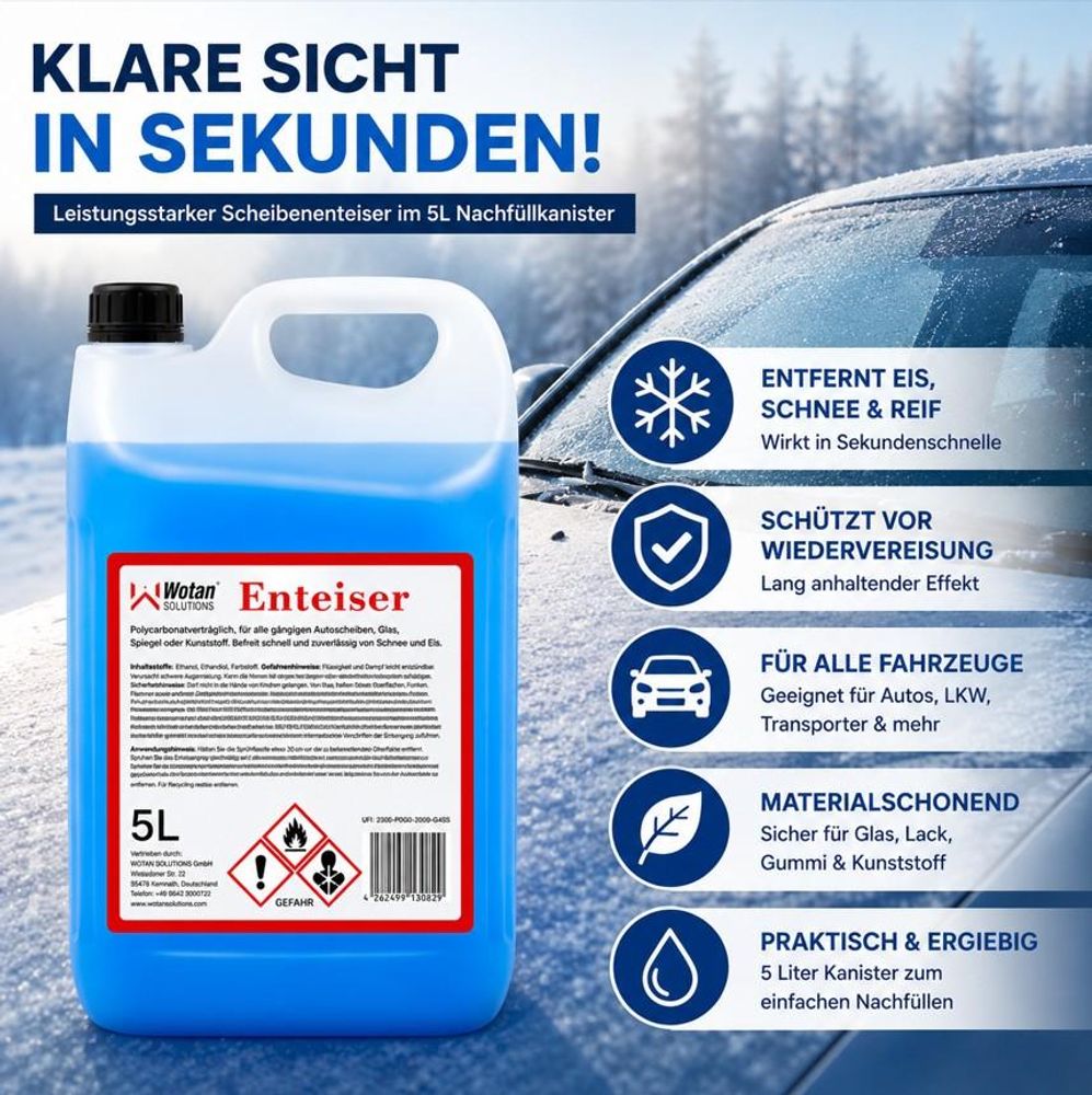 WOTAN SOLUTIONS Winterpflege für vereiste Fahrzeugscheiben – 5L Kanister mit Auto im Winter