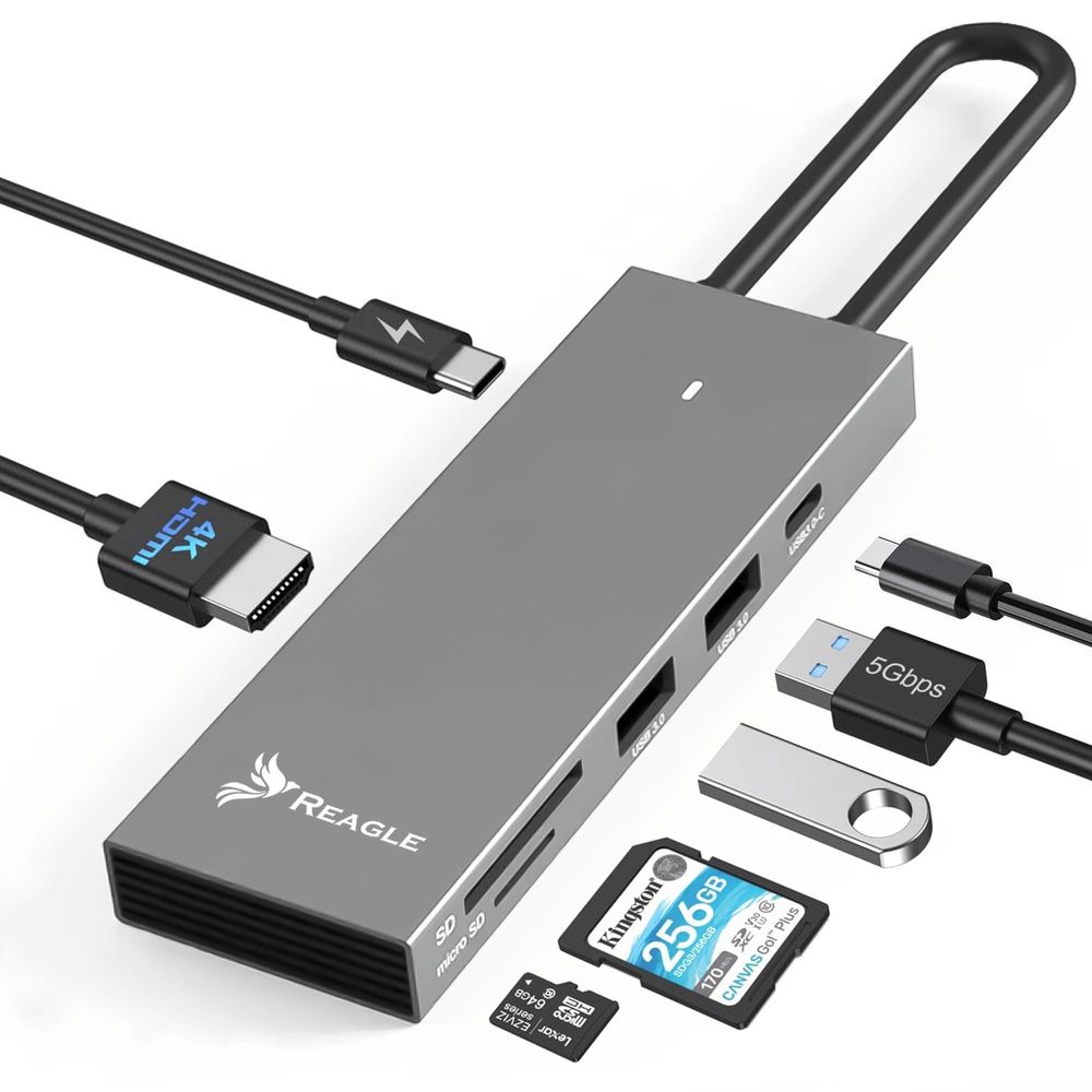 USB C Hub 7 in 1 Docking Station 4K 60Hz HDMI 100W PD SD micro SD Kartenleser 2x USB 3.2 USB C Datenport für Laptop PC MacBook M1 M2 Silber Reagle