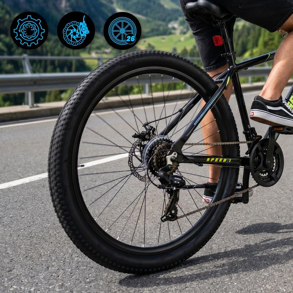 Detalle de la rueda trasera y el cambio Shimano Tourney en la bicicleta.