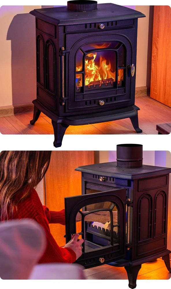 Żeliwny piec kominkowy THUNDER AGNI 7 kW – piec na drewno z systemem czystej szyby, zimną klamką, EcoDesign 2022, czarny