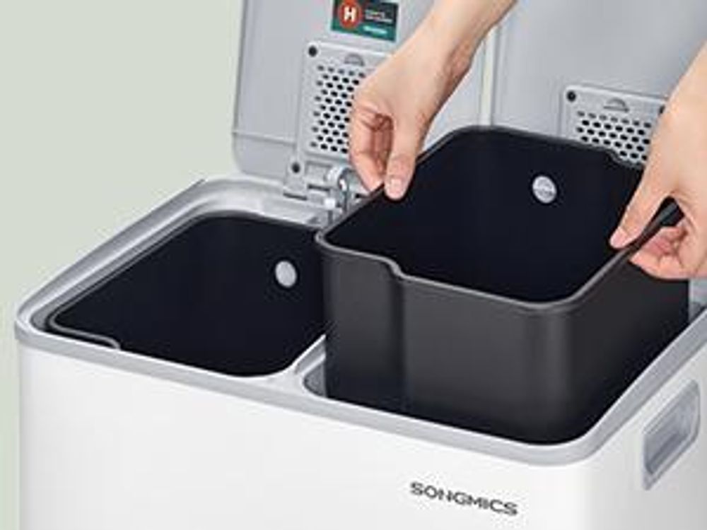 Mülleimer Küche, 2 x 30 Liter, 2 Fächer, Abfalleimer, Tretmülleimer, Softclose-Deckel, Stahl, mattweiß