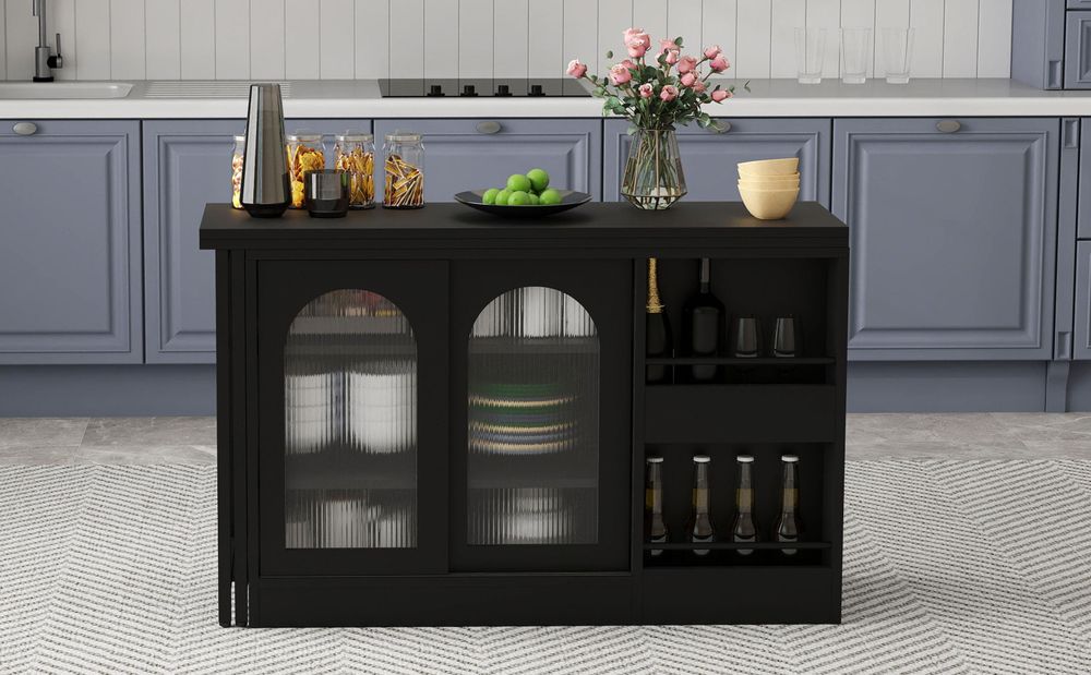 Merax Esstische Bartisch 360°Drehbar, Ausziehbar Reversibel Esszimmertisch Sideboard mit Glastür, Lagerregal, Küchentisch,  Schwarz
