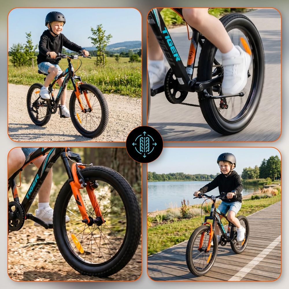 Collage de detalles de la bicicleta SUN BABY Tiger Bike: ruedas, frenos y niño montando.
