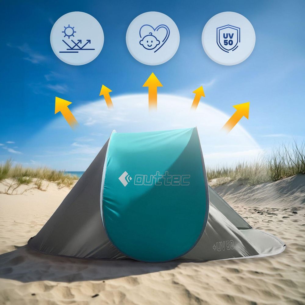 Outtec Pop-up-Strandzelt mit UV 50 Schutz-Icons und Sonnenstrahlen-Grafik
